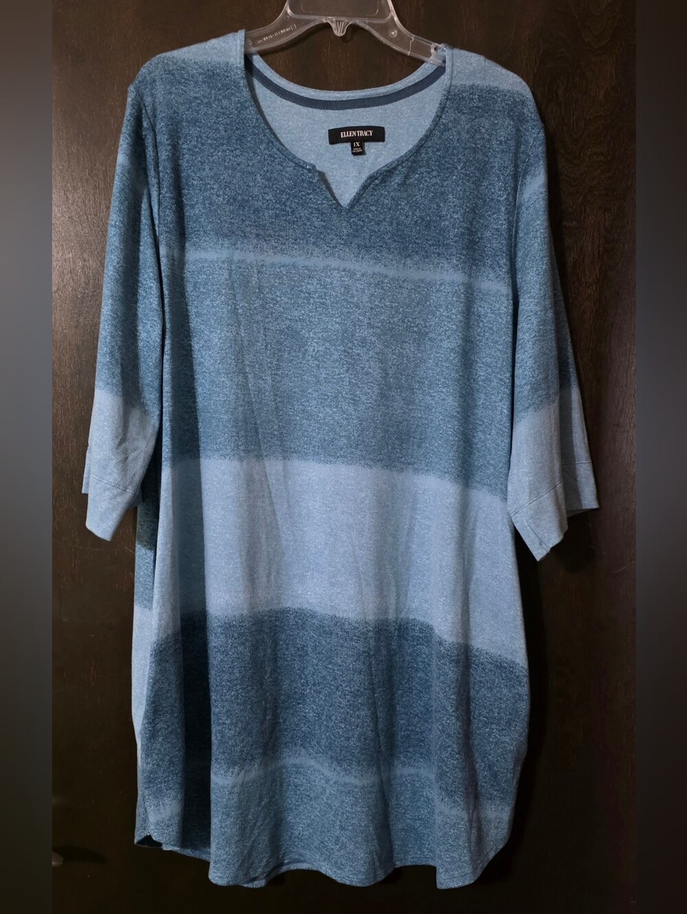 Ellen Tracy Blue Striped V-notch Neckline T-shirt Dress W/Pockets Size 1X